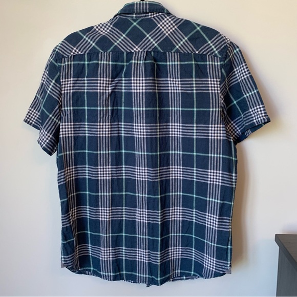 LINEN ORIGINAL PENGUIN BLUE PLAID HERITAGE SLIM FIT SHORT SLEEVE BUTTON UP SHIRT - Picture 4 of 5